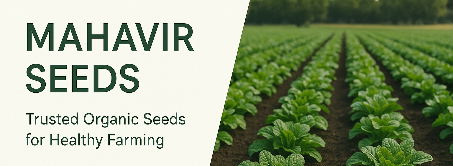 Advertisement for Mahavir Seeds with a field of plants and promotional text.
